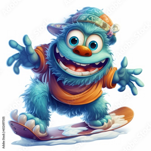 monster on a snowboard children s character. Cartoon design element on white background.