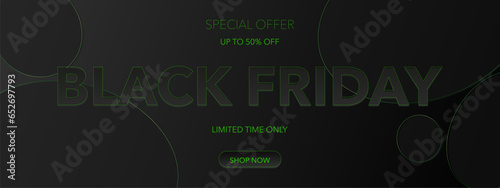 Black Friday Sale banner on dark elegant background with green elements and text