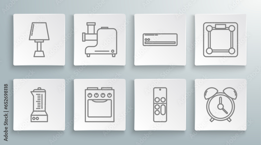 Set line Blender, Kitchen meat grinder, Oven, Remote control, Alarm clock, Air conditioner, Bathroom scales and Table lamp icon. Vector Set line Blender, Kitchen meat grinder, Oven, Remote control, Alarm clock, Air conditioner, Bathroom scales and Table lamp icon. Vector
