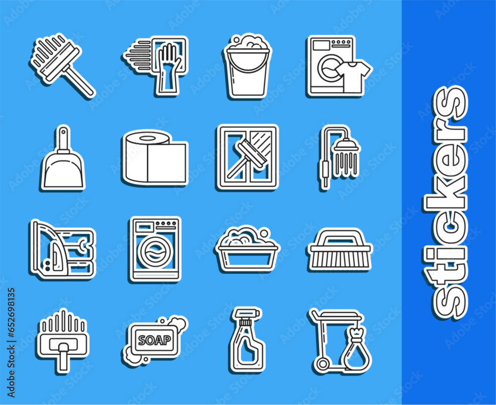 Set line Trash can, Brush for cleaning, Shower head with water drops flowing, Bucket foam and bubbles, Toilet paper roll, Dustpan, Squeegee, scraper, wiper and icon. Vector Set line Trash can, Brush for cleaning, Shower head with water drops flowing, Bucket foam and bubbles, Toilet paper roll, Dustpan, Squeegee, scraper, wiper and icon. Vector