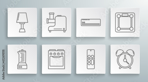 Set line Blender, Kitchen meat grinder, Oven, Remote control, Alarm clock, Air conditioner, Bathroom scales and Table lamp icon. Vector