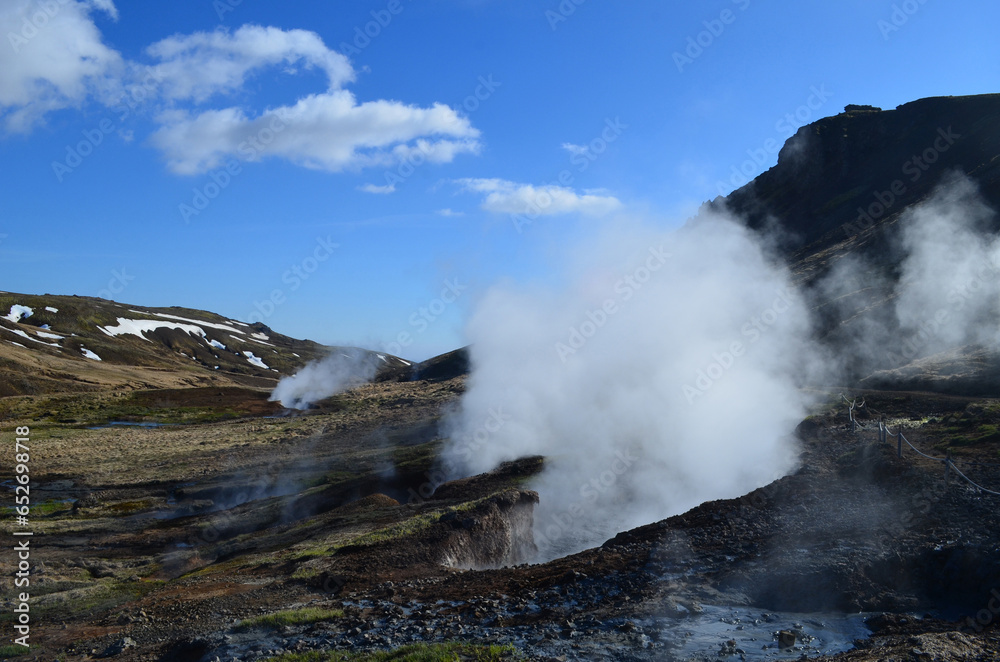 Active Geothermal Landscape with Hot Steam Rising