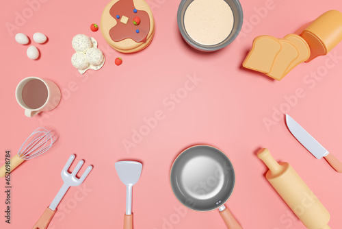 3D minimal dessert and kitchenware on pink background, 3D rendering top view bakery background concept.