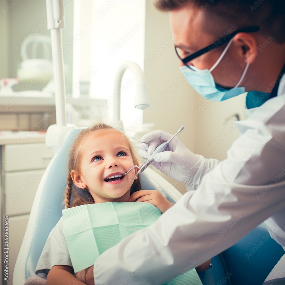 Fototapeta premium a little Girl doing dentistry in the dental room with a dentist. 