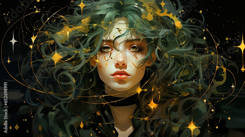 Girl with green and gold hair