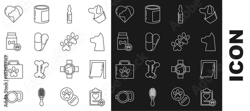 Set line Clipboard with medical clinical record pet, Door for, Cat, Pets vial, Dog and pills, Bag of food, Heart cat and Paw print icon. Vector