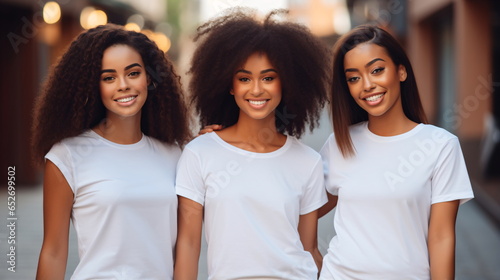 Group of young african american black woman wearing white t-shirts standing together, blank apparel with no print , photo for mock-up of diversity and group of friends,. generative ai