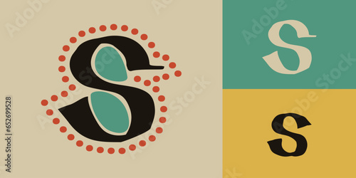Letter S logo. Lindisfarne calligraphy in majuscule Celtic, Anglo-Saxon, Irish style with red dots pattern.