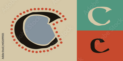 Letter C logo. Lindisfarne calligraphy in majuscule Celtic, Anglo-Saxon, Irish style with red dots pattern.