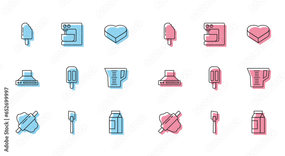 Set line Rolling pin on dough, Spatula, Ice cream, Paper package for milk, Measuring cup, Kitchen extractor fan and Electric mixer icon. Vector Set line Rolling pin on dough, Spatula, Ice cream, Paper package for milk, Measuring cup, Kitchen extractor fan and Electric mixer icon. Vector