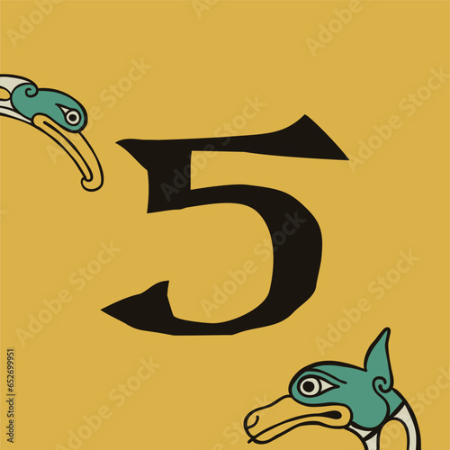 5 logo. Number five. Lindisfarne calligraphy in majuscule Celtic, Anglo-Saxon, Irish style with beast's heads.