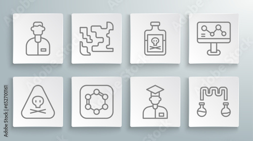 Set line Triangle warning toxic, Gaseous, Formula of benzene rings, Laboratory assistant, Test tube and flask, Poison bottle, Chemical formula and icon. Vector