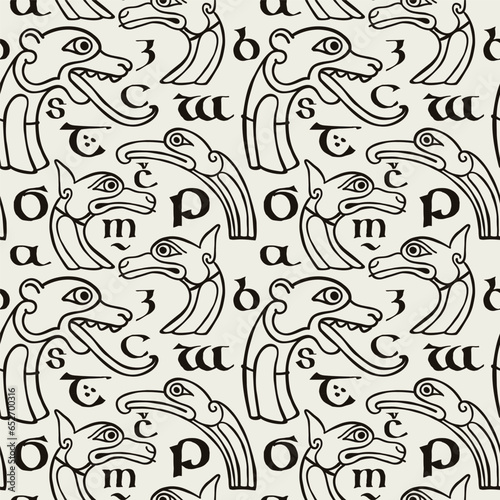 Fotografie Medieval seamless pattern of Lindisfarne calligraphy and beasts