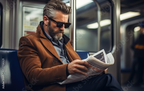 A fashionable 40 year old man on subway sitting and reading a newspaper. Generative AI