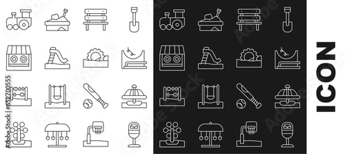 Set line Trash can, Attraction carousel, Skate park, Bench, Kid slide, Shooting gallery, Toy train and Ferris wheel icon. Vector