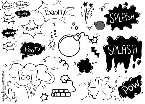 Comic bomb boom vector element. Black and white Hand drawn cartoon explosion bomb effect, splash, exclamation smoke element. Doodle hand drawn text boom, pow, wow.