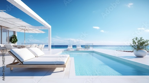 AI-generated sea view luxury modern white beach hotel with swimming pool sunbed on sundeck for vacation home or hotel