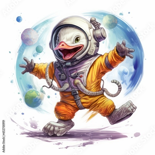 duck in spacesuit cartoon character on white background.