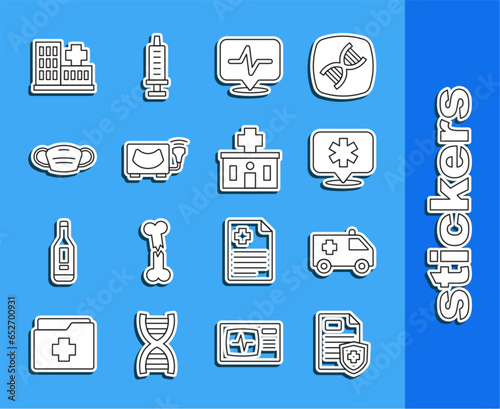 Set line Patient record, Ambulance car, Location hospital, Heart rate, Ultrasound, Medical protective mask, Hospital building and icon. Vector
