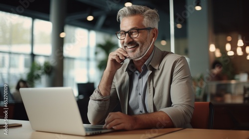 Smiling middle-aged businessman making a call on his cellphone using a laptop at work. AI Generative