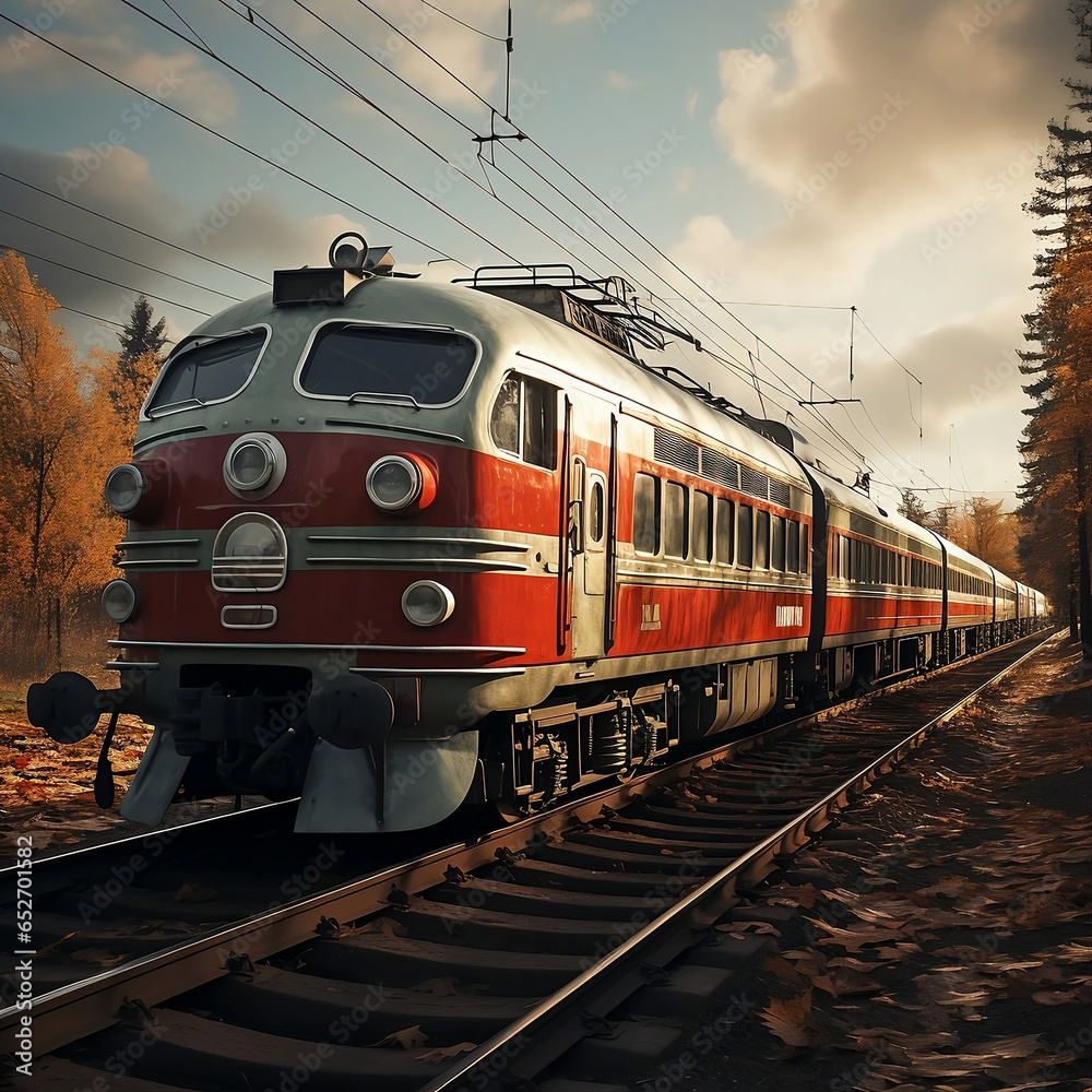 Obraz premium train on the railway track - 60's red electric train in woods scenic background with trees. 