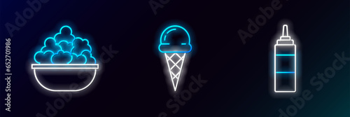 Set line Sauce bottle, Popcorn in bowl and Ice cream waffle cone icon. Glowing neon. Vector