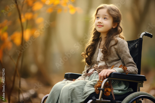 a beautiful handicapped kid girl sitting in a wheelchair © Kien