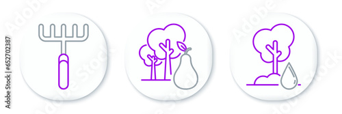 Set line Watering Tree, Garden rake and with pears icon. Vector