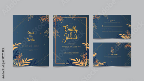 Gold wedding invitation template set, gold floral wedding invite suite, printable elegant invite & rsvp bundle, editable download
