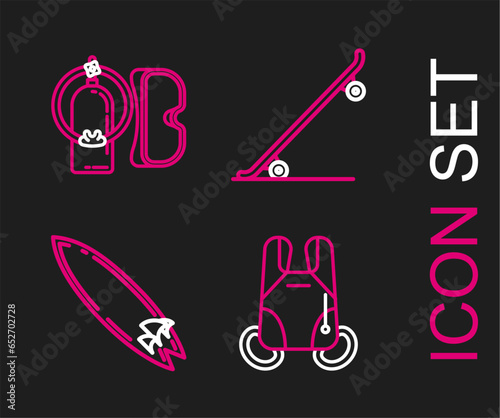Set line Parachute, Surfboard, Skateboard and Diving mask and aqualung icon. Vector