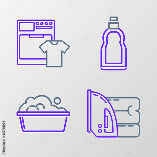 Set line Electric iron and towel, Plastic basin with soap suds, bottles for liquid dishwashing liquid and Washer t-shirt icon. Vector