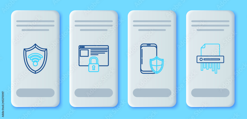 Set line Secure your site with HTTPS, SSL, Smartphone security shield, Shield WiFi wireless internet network and Paper shredder confidential icon. Vector