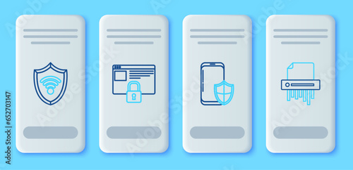 Set line Secure your site with HTTPS, SSL, Smartphone security shield, Shield WiFi wireless internet network and Paper shredder confidential icon. Vector