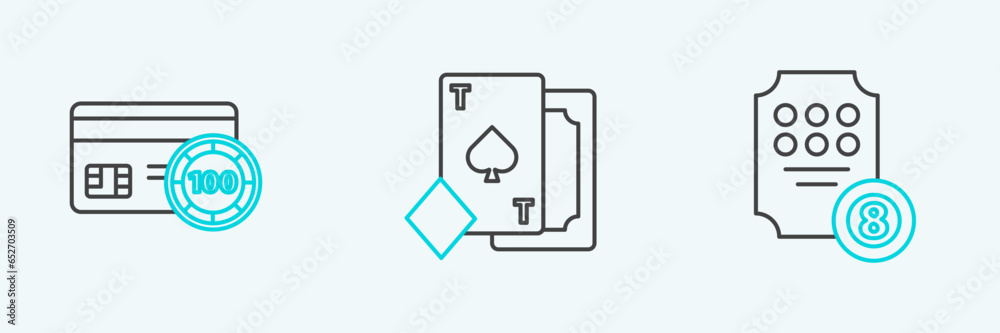 Set line Online slot machine, Credit card and Playing with spades icon. Vector Set line Online slot machine, Credit card and Playing with spades icon. Vector