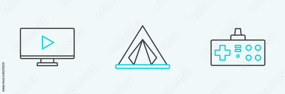 Set line Gamepad, Online play video and Tourist tent icon. Vector Set line Gamepad, Online play video and Tourist tent icon. Vector