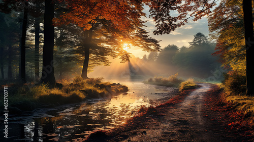 landscape morning in the autumn misty forest, the rays of sunlight at dawn shine through the fog in a panoramic view of the October park