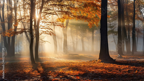 landscape morning in the autumn misty forest, the rays of sunlight at dawn shine through the fog in a panoramic view of the October park
