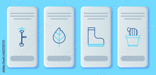 Set line Leaf, Waterproof rubber boot, Grass and weed electric string trimmer and Cactus succulent pot icon. Vector