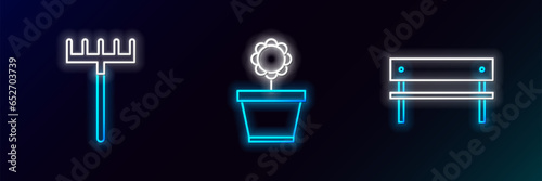 Set line Bench, Garden rake and Flower in pot icon. Glowing neon. Vector