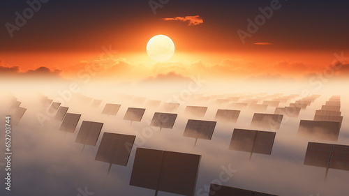 solar panels in the fog at sunset, the technology of the future futuristic landscape renewable energy