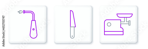 Set line Kitchen meat grinder, Long electric lighter and Knife icon. Vector