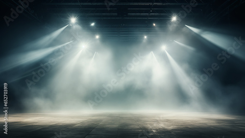 stage fog, smoke in the background light of theater spotlights on an empty stage, illuminated podium in the hall photo