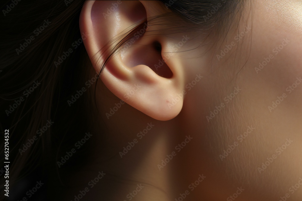 Close-up of the female ear. Female ear. - obrazy, fototapety, plakaty 