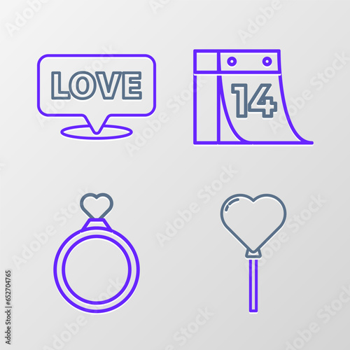 Set line Balloons in form of heart, Wedding rings, Calendar with February 14 and Speech bubble text love icon. Vector
