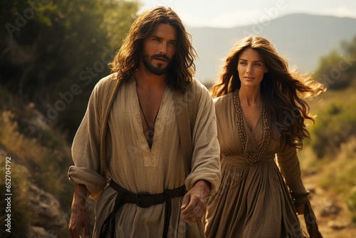 Jesus Christ travels and distributes food to the poor, with his companion Mary Magdalene, love family respect forgiveness, Christian traditional family values