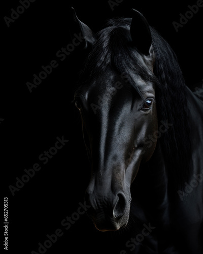 Black Friesian horse on a black background