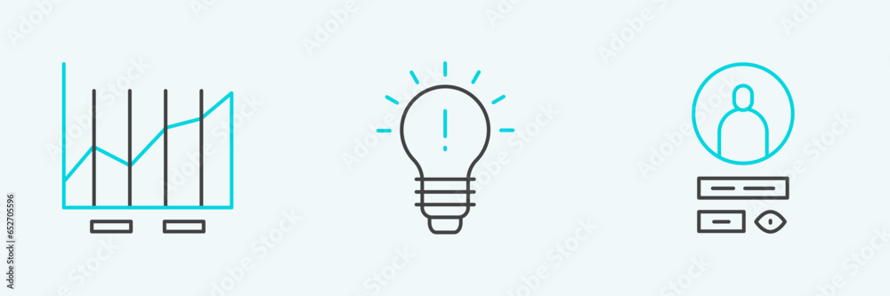 Set line Create account screen, Pie chart infographic and Light bulb with concept of idea icon. Vector Set line Create account screen, Pie chart infographic and Light bulb with concept of idea icon. Vector