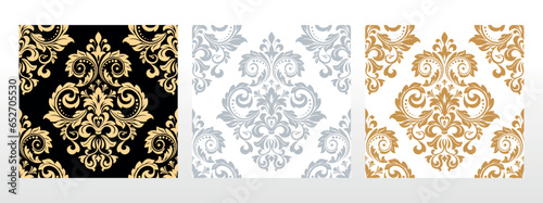 Wallpapers in the style of Baroque. Seamless vector backgrounds. Set of colored floral ornaments. Graphic patterns for fabric, wallpaper, packaging. Ornate Damask flower ornaments