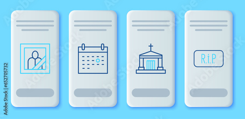 Set line Calendar death, Old crypt, Mourning photo frame and Speech bubble rip icon. Vector