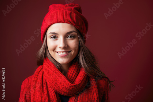 Smiling Woman in red Dress, Model, fashion © VisualAiUniverse